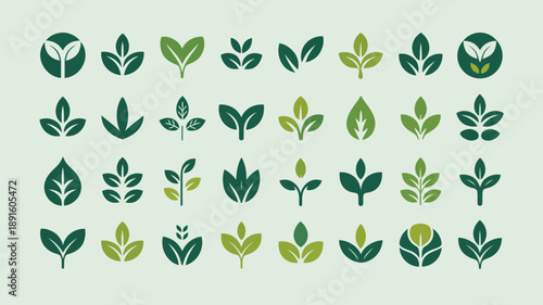 A collection of various green leaf icons and symbols are displayed in a grid pattern showcasing different leaf shapes and designs high quality professional detailed modern