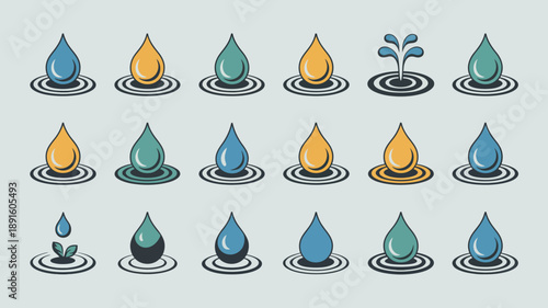 A collection of stylized water droplets and small plant sprouts arranged in rows on a light blue background high quality professional detailed modern elegant stylish clean