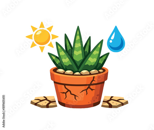 full color flat icon drought tolerant plant pot with sun and droplet symbols