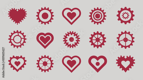 A collection of red heart and gear icons are displayed against a light gray background representing love and mechanical concepts high quality professional detailed modern elegant