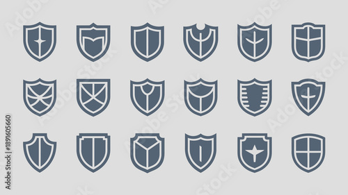A collection of twelve shield icons are displayed each featuring a unique emblem or symbol in shades of blue and gray high quality professional detailed modern