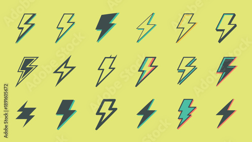 A vibrant pattern showcases multiple lightning bolt illustrations in varying shades of blue and teal against a bright yellow background high quality professional detailed modern elegant