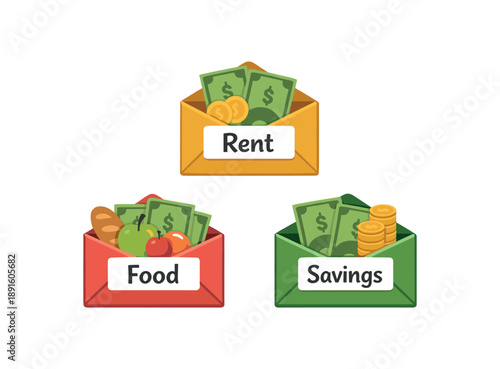 colored flat icon vector illustration isolated on white background envelope system with labels rent food savings classic budgeting method