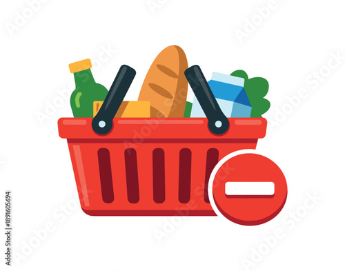 colored flat icon vector illustration isolated on white background shopping basket with few items and minus symbol avoiding impulse buys