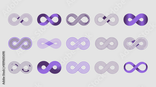 An arrangement of repeating infinity symbols in varying shades of purple and lavender displayed in a grid like pattern on a light gray background high quality