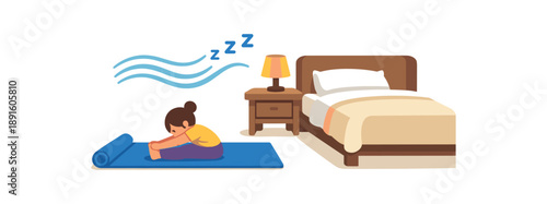 full color flat icon simple yoga mat unrolled near bed with tiny person stretching and soft breath wave pre sleep stretching habit