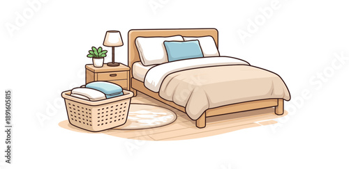 full color flat icon tidy laundry basket empty next to made bed visual calm no clutter environment for rest