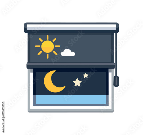 full color flat icon blackout roller blind half down with sun outside and moon inside blocking early morning light