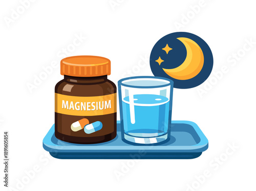 full color flat icon small tray with vitamin bottle glass of water and tiny moon icon evening magnesium or calming support