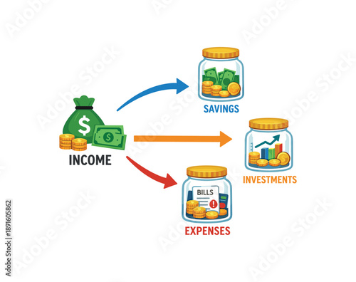 colored flat icon vector illustration isolated on white background money flow arrows from income to jars clear system