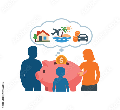 colored flat icon vector illustration isolated on white background family silhouettes with piggy bank shared money goals