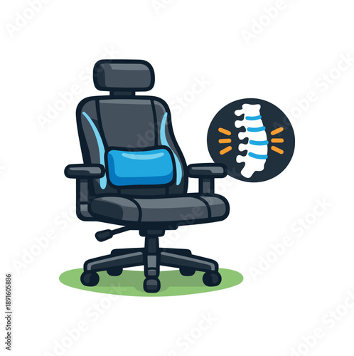 full color flat icon office chair with highlighted lumbar pillow curved backrest and small spine icon ergonomic sitting support
