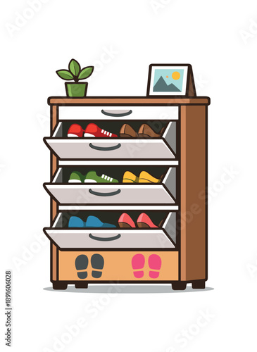 colored flat icon vector illustration isolated on white background shoe cabinet with tilt drawers and tiny footprint space saving storage