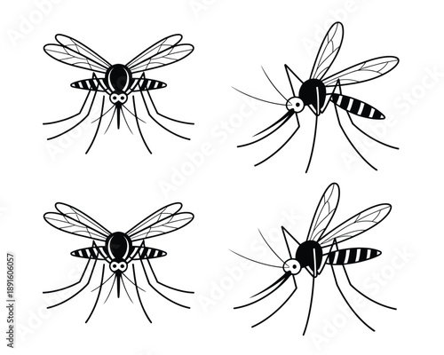 A black and white illustration of four mosquitoes in different positions on a plain white background