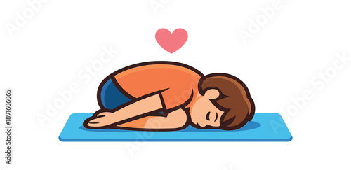 full color flat icon child pose figure folded over knees on mat little heart above calm resting stretch