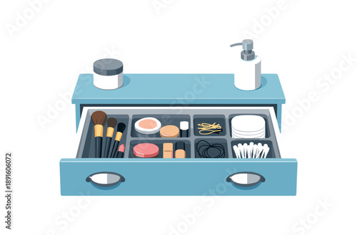 colored flat icon vector illustration isolated on white background bathroom drawer with small trays for makeup brushes clips and cotton pads no mess