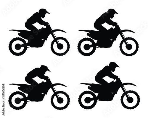 A black silhouette of a motorcyclist riding a dirt bike in various positions on a white background