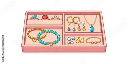 colored flat icon vector illustration isolated on white background jewelry tray with small sections rings earrings bracelets untangled display