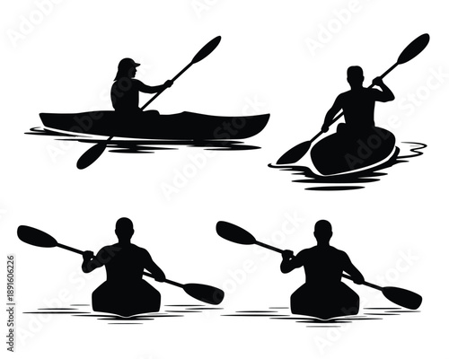 A group of people kayaking and canoeing on a serene body of water in black silhouette