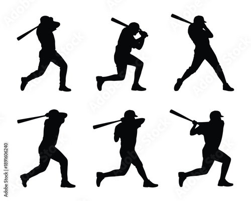 A baseball player in various running and hitting poses in black silhouette on a white background