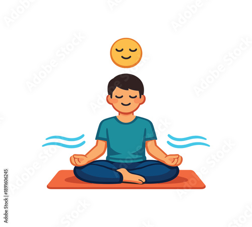 full color flat icon cross legged sitting on mat with straight spine soft breath waves and tiny calm face icon