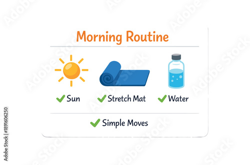 full color flat icon morning routine card with three little sun stretch mat and water simple movement checklist
