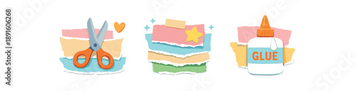 full color flat collage shapes pastel torn edges glue drop white