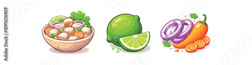 full color flat peruvian ceviche pale fish lime green red onion and orange chili accents