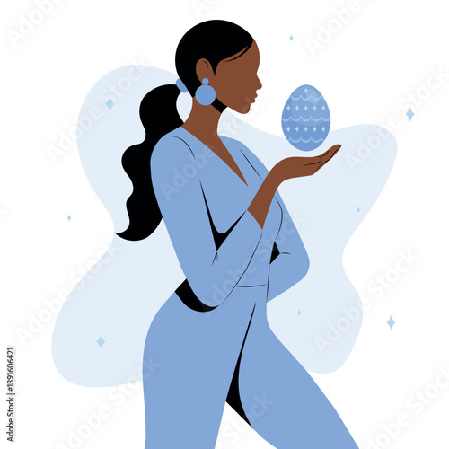 Modern faceless black woman holding decorative Easter egg, minimal flat vector illustration in soft blue pastel palette, vertical format for spring holiday greeting cards, social media posts, branding