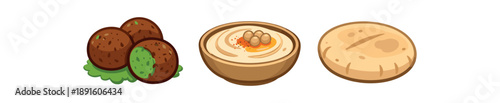 full color flat israeli falafel brown hummus cream beige pita light tan