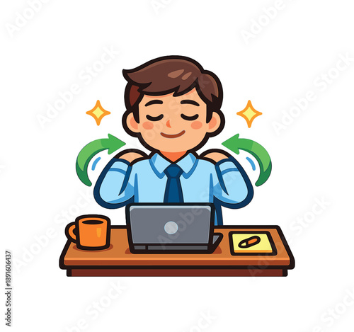 full color flat icon desk worker rolling shoulders backward arrows around shoulders small sparkle for tension release