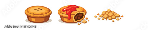 full color flat australian meat pie golden brown sauce bright red crumbs tan