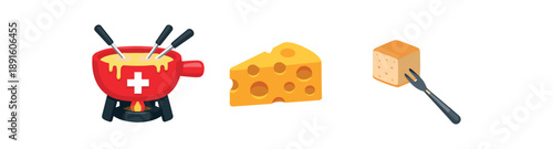 full color flat swiss fondue pot red cheese bread cube beige on gray fork