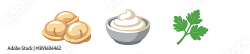 full color flat russian pelmeni pale beige sour cream white herb green