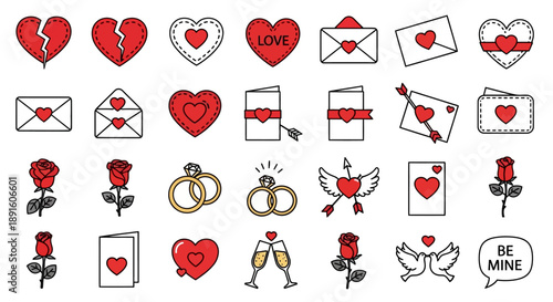 Valentines Day icons romantic symbols for love and relationships vector collection for design