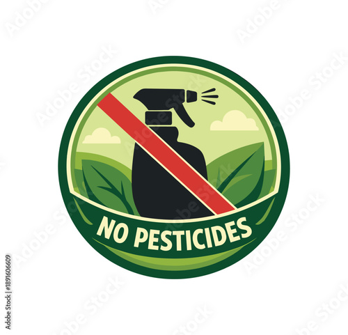 colored flat icon vector illustration isolated on white background circular leaf badge with spray bottle silhouette crossed by line no pesticides produce sign