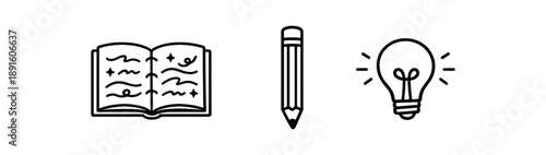black and white outline open notebook with abstract idea lines pencil beside light bulb minimal creativity