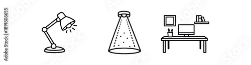 black and white outline desk lamp light cone empty workspace