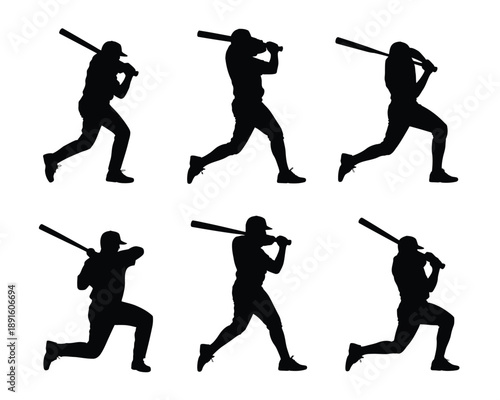 A baseball player in various running and hitting poses in black silhouette on a white background