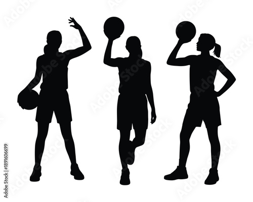 Three silhouetted basketball players in dynamic poses against a white background