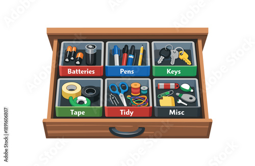 colored flat icon vector illustration isolated on white background open junk drawer with small labeled trays for batteries pens keys and tape tidy misc storage
