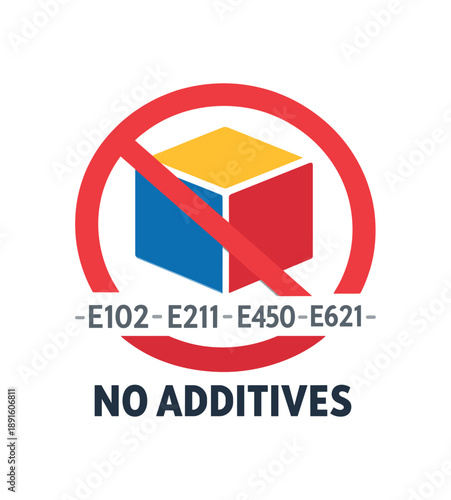 colored flat icon vector illustration isolated on white background cube icon with tiny numbers row softly crossed no food additives pictogram