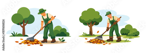 Farmer raking fallen leaves in garden. Flat illustration showing seasonal yard cleaning work