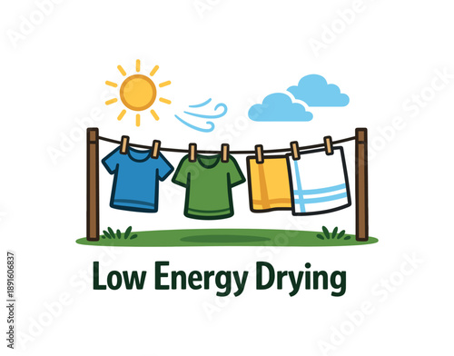 full color flat icon clothesline with shirts and towels drying outside low energy drying