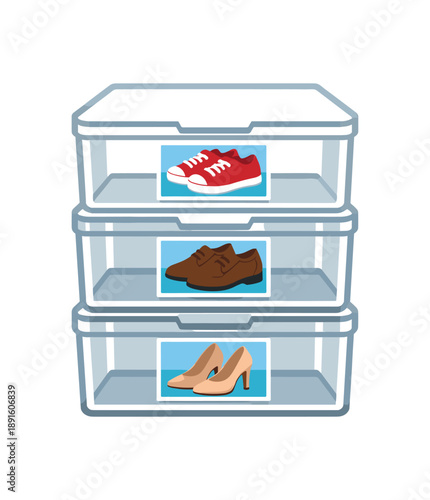 colored flat icon vector illustration isolated on white background stack of transparent shoe boxes each with small photo label of shoes inside