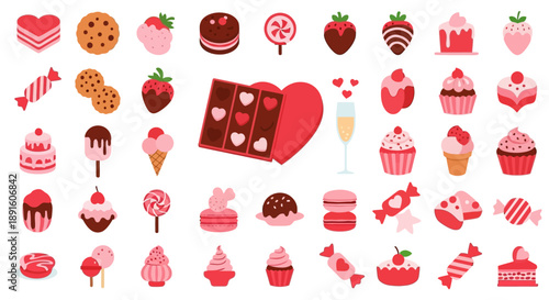 Sweet Valentines Day treats collection heart shaped chocolates and desserts flat vector icons for c