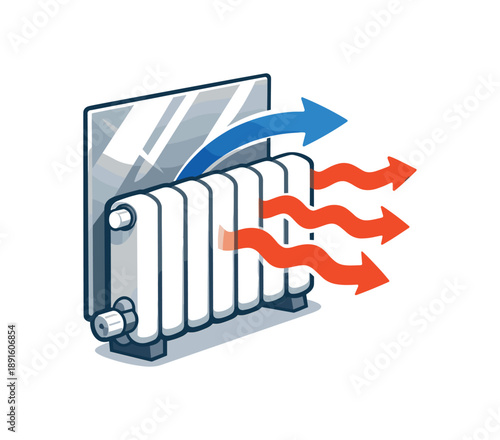 full color flat icon radiator with attached reflective panel bouncing heat back into room