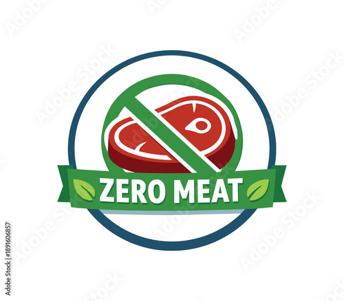 colored flat icon vector illustration isolated on white background round dish icon with meat piece silhouette crossed plant based zero meat label