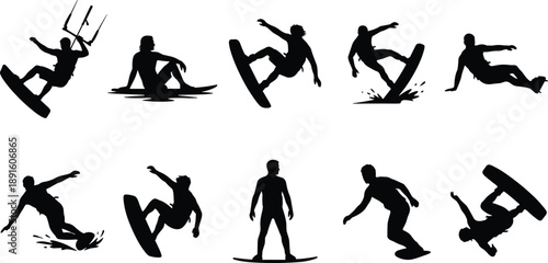 Collection of extreme sports silhouettes showing snowboarding, kitesurfing and wakeboarding action poses isolated on white background for dynamic stock illustration