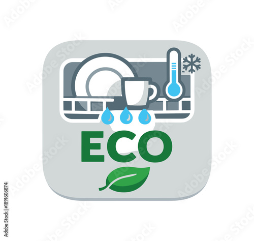 full color flat icon dishwasher eco cycle button with small leaf lower temperature washing